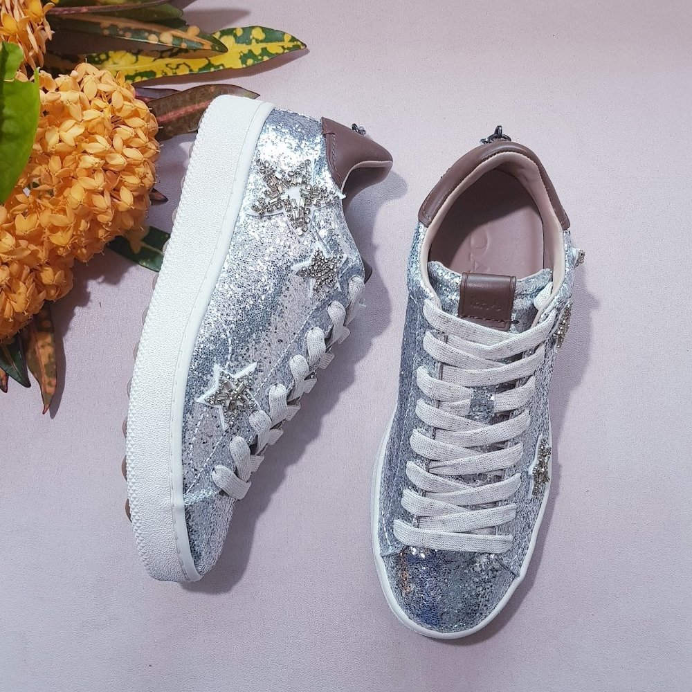 COACH STAR EMBELLISHED GLITTER & LEATHER SNEAKERS